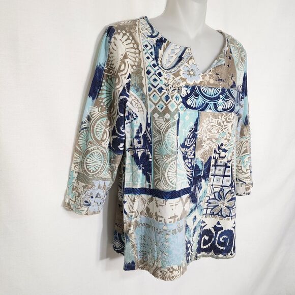 Chico's Women Top Size 0 Small Knit Split V Neck 3/4 Sleeve Printed Multicolor - Picture 5 of 9